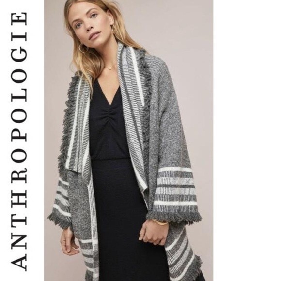 Anthropologie Saturday Sunday Fringe Gray Open Front Cardigan Sweater One Size L - Picture 3 of 16
